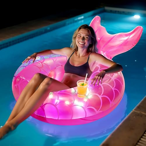 MoKo Luftmadrass vatten, poolfåtölj med handtag, sjöjungfru rosa | Poolluftmadrass, lounge pool, leksak, simsäng, mugghållare, handtag, för pool, strand och sjö.