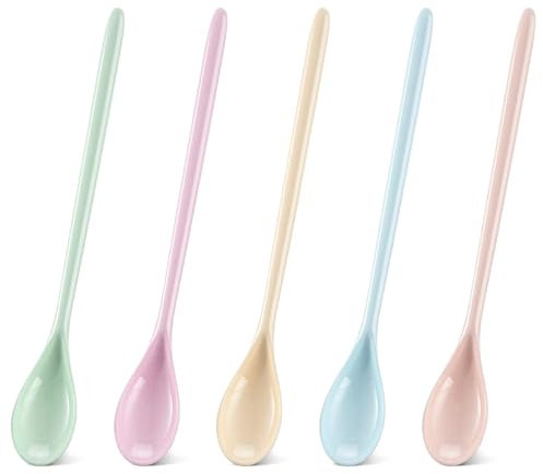 5 PCS Eierlöffel Kunststoff, Lang Farbe Eislöffel Lang, Lange Löffel Anti Tropfen Marmeladenlöffel Joghurtlöffel Lang Imitation Porzellan Geschirr für Wohnküche Kaffee Getränke Eier