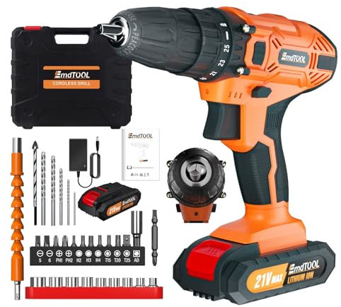 Cordless Drill Driver 21V, Handheld Screwdriver Combi Drill Set with 2X Batteries and Charger, 3/8'' Keyless Chuck, 45Nm, 25+1 Torque, 29pcs Accessories & Storage Case for Home and Garden DIY, Orange