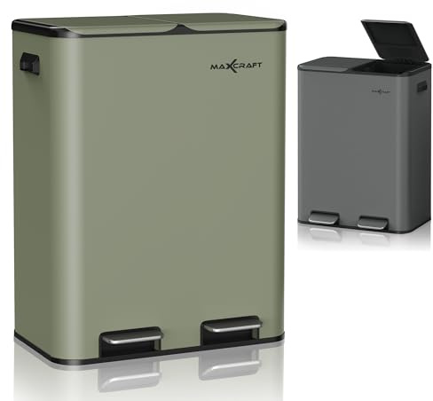 MAXCRAFT Mülleimer 60 Liter aus Stahl Treteimer Abfalleimer mit 2 Inneneimern aus Kunststoff (2x 30L) - Sanft Schließend mit Deckel und Geruchsfilter für Küche, Badzimmer oder Büro in Grün