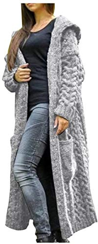 Y2K Trench - Cardigan lungo da donna con cappuccio, a maglia grossa, tinta unita, elegante, oversize, a maglia lunga, in jacquard, con cappuccio, antivento, giacca invernale, grigio., S