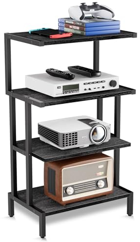 Aquzee Media Stand, Gaming Shelf, 4 Tier Small Electronics Shelves Video Game Console Organizer Cabinet, Wood Stereo Racks AV Shelves for Entertainment Center Storage, Recreation Room Furniture,Black
