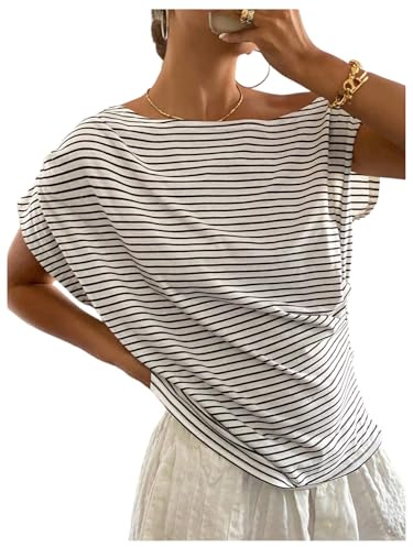 SweatyRocks Women's Striped Off Shoulder T Shirts Casual Short Sleeve Ruched Going Out Tees White Small