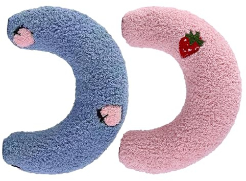 BAZEITFLOW 2 st U-formade lugnande kuddar för katter och små hundar, mjuk plysch halv munk nackstöd dynor för inomhusbruk och djup sömn, maskintvättbar rosa och blå set