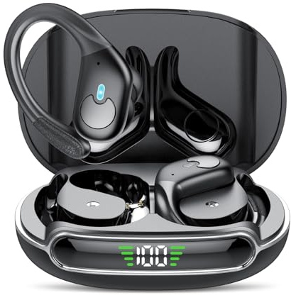 Bluetooth Kopfhörer Sport Kabellos Bluetooth 5.3 HiFi Stereo mit Active Noise Cancelling，ENC Mikrofon, 60H Spielzeit-LED-Anzeige, IPX7 Wasserdicht in Ear Ohrhörer mit Ohrhaken, Klassisch schwarz