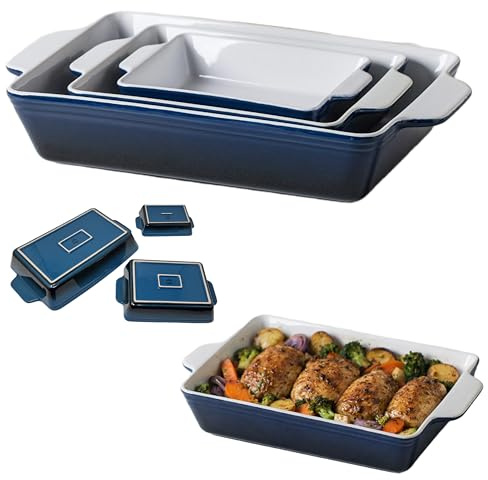 Ceramic Baking Dish Set, Blue and White, Rectangular, 3 Piece Nesting Set with Handles, 17cm to 31cm