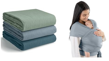 Comfy Cubs Muslin Swaddle Blankets Pack of 3 and Baby Wrap Carrier Bundled