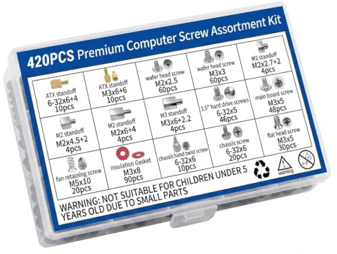 420Pcs Premium Computer Screw Kit, M.2 Screws, PC Standoffs and Screws Set for M.2 SSD, Motherboard, HDD, Fan, Power Supply, Graphics Card & PC Case, Replacement Screws for DIY PC Building & Repair
