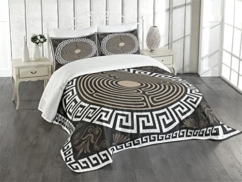 ABAKUHAUS Greek Key Tagesdecke Set, Griechische Fret und Welle, Set mit Kissenbezügen Waschbar, für Doppelbetten 220 x 220 cm, DunkelBraune Kokos Nuss