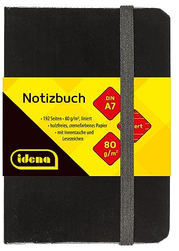 Idena 10033 - Notizbuch DIN A7, liniert, Papier cremefarben, 192 Seiten, 80 g/m², Hardcover in Schwarz