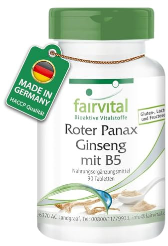 Fairvital | Roter Panax Ginseng Extrakt + Vitamin B5-90 Tabletten - mit 600mg koreanischem Ginseng Extrakt - HOCHDOSIERT - VEGAN