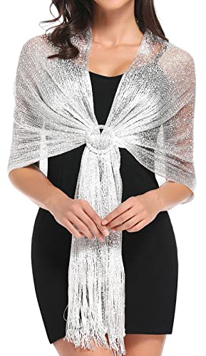 vimate Silver Shawl for Women, Glittering Metallic Shawl Scarf and Wraps for Evening Patry Dresses（UK-Silver）