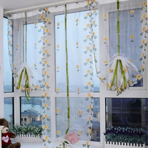 Agatige Tende Trasparenti Bianche, Tenda Finestra Bagno Tende per Interni Cucina Tenda Bagno Finestra Con Ricamo Girasole per Soggiorno, Camera Da Letto, Pannello per Finestre(80 * 100cm)