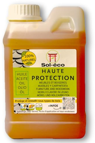 (Sol-éco) Huile Haute Protection | Protection du bois intérieur extérieur | Fluide et pénétrante | Tung et huile d'orange (D-limonène) | Parquet, plan de travail, salle de bain, Hydrophobe (1 litre)