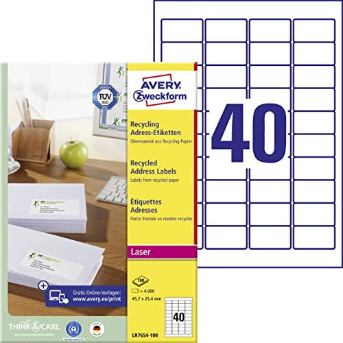 AVERY Zweckform LR7654-100 Recycling Etiketten (4.000 Adressaufkleber, 45,7x25,4mm auf A4, 100% recyceltes Altpapier, bedruckbar, selbstklebend, für alle Briefkuverts) 100 Blatt, naturweiß