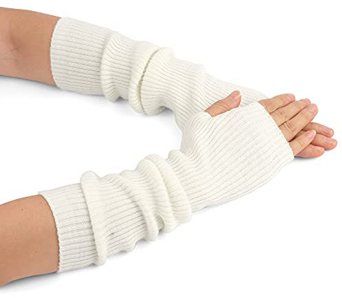 Zeltauto Women’s CASHMERE Blend Knit Arm Warmers Elbow Length Long Fingerless Gloves Mittens with Thumb Hole (White)