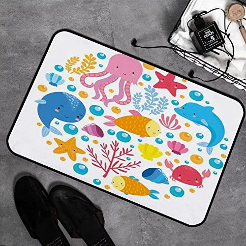 Memory Foam Badezimmer- 40 x 60 cm,Koralle Unterwasserwelt Set Natur Tropenleben Meeresfrüchte Kind Fisch Delphin Algen Blase Krabbe P,Badteppich Saugfähige Rutschfester Badvorleger Waschbar Badematte
