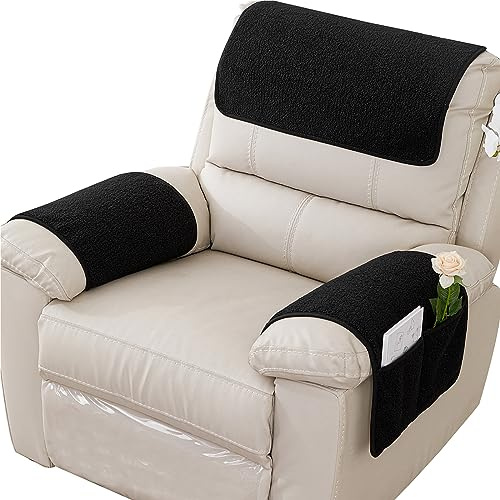 NNSMUN Armrest Cover, Recliner Chair Protector, Furniture Protector Slip, Side Storage Pocket, Stretch Armchair Couch Arm Rest Cover for Recliner, Chair, Sofa (Black,1 Seater(3pcs))
