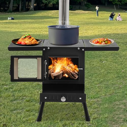 Réchaud de camping, poêle à bois, portable, avec 5 tuyaux de cheminée, pieds pliables, gants, avec plateaux des deux côtés