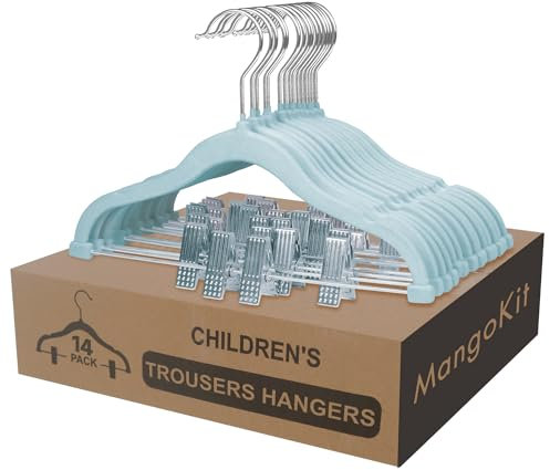 Mangokit grovini per bambini con clip mobili 14 pacchetti, 30 cm per bambini ganci in velluto non slittata,gancio girevole, ganci per pantaloni salvaspazio per gonne, pantaloni,abiti,giacche (Blu)