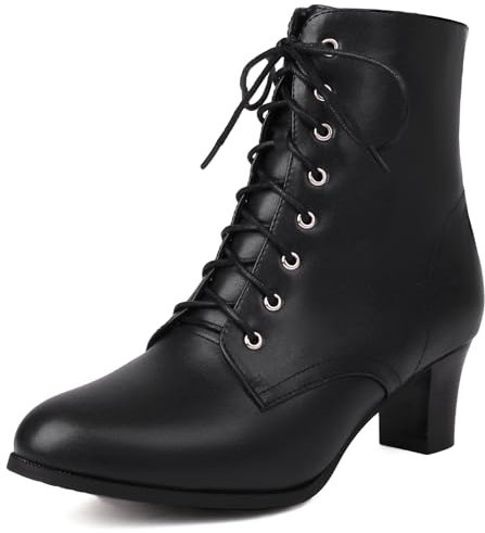 COOLCEPT Damen Vintage Viktorianisch Stiefel Schnüren Blockabsatz Ankle Stiefel 70s Steampunk Stiefeletten Reißverschluss Black Große 39