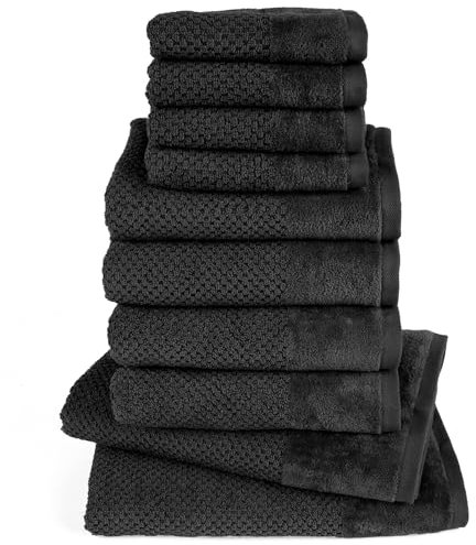 Pure Label 10-TLG. Handtücher Set mit Aufhängeschlaufen aus 100% Baumwolle, saugstark und weich - 2X Badetuch (70x140 cm) 4X Handtuch (50x100cm) 4X Gästetuch (30x50 cm), Schwarz