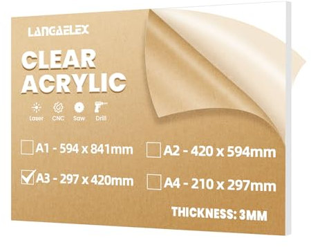 Langaelex Plaque Acrylique Transparente A3 (297 x 420 mm), 3mm Feuille Plastique Transparente pour Gravure Laser, l'affichage des Projets, Remplacement de Verre