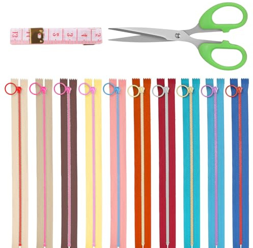 Glarks Kit di 12PCS di cerniere in nylon resina da 25cm / 9.84in con anello di sospensione, bobine di cerniere con anello in lega di zinco e forbici, cordino flessibile di 10 colori