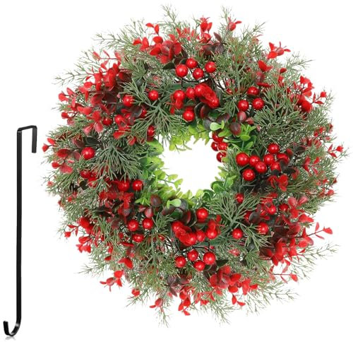 Türkranz Weihnachten, Tannengirlande mit Beeren und Blume, Tannenkranz Künstlich, Weihnachtskranz Wiederverwendbar mit Schwarzer Haken, Adventskranz Deko, Weihnachtskranz Deko Innen Außen