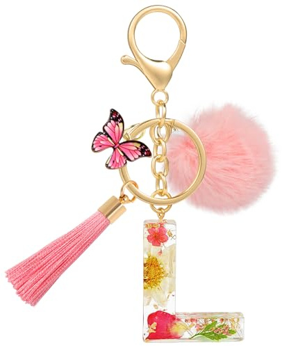 MWOOT Schlüsselanhänger Buchstabe L, Rosa Schlüsselanhänger mit Anfangsbuchstaben Schmetterling Bommel Quasten Anhänger für Damen Mädchen, Harz Schlüsselringe Name für Rucksack Handtaschen Charms