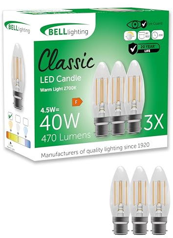 BELL Lighting B22 Dimmable LED Filament Candle Bulbs 4.5W 470lm 3 Pack | Dimmable B22 bayonet LED filament candle bulbs with 2700K warm white light, 470lm output and 40W equivalent brightness.