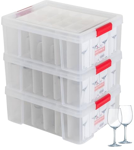 SUNDIS Glass Store, lot de 3 boîtes de rangement pour verres, en plastique transparent, renforcées avec couvercle clipsable, superposables et combinables, capacité 24 verres