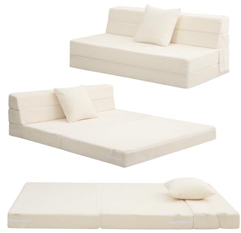 MeMoreCool Folding Mattress Double, Corduroy Fold Out Sofa Bed, Grey