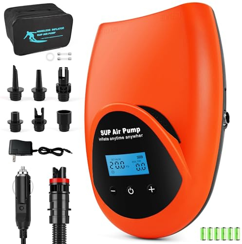 TONSIM Bomba Eléctrica Recargable 20PSI Alta Presión, Modo Dual Inflar/Desinflar para SUP, Kayaks, Botes, Colchones y Tiendas, Batería Integrada y Adaptador 12V Coche, Portátil para Camping y Deportes