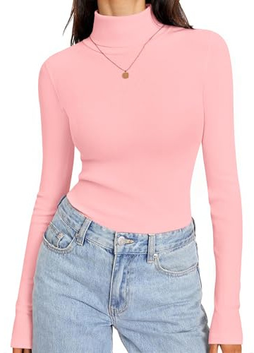 Totatuit Suéter Mujer Cuello Alto Manga Larga Slim Fit Estilo Clásico Moderno para Otoño Invierno Rosa，S