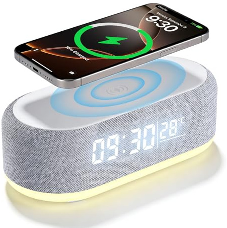 Wowfast Réveil numérique avec station de charge sans fil, réveil intelligent 4 en 1 avec veilleuse, avec éclairage et température, luminosité réglable
