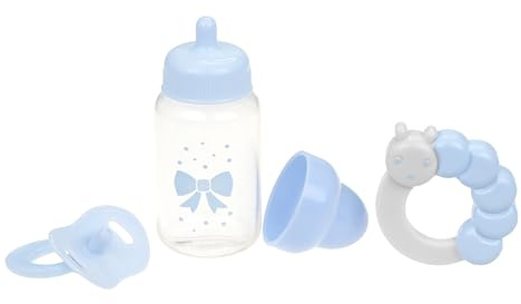 JC Toys- Set de 3 accesorios para muñecas (biberón, chupete y sonajero), azul, se adapta a todas las muñecas de hasta 50 cm, +2 años
