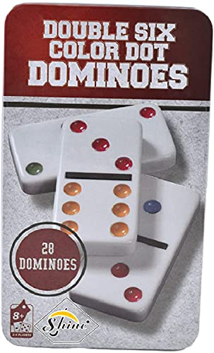 Shine Double Six Color Dot Dominoes Game - 28 Dominoes Double 6 Dominoes Set in a Tin Box, Petit