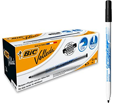 BIC Velleda, Dry Wipe Whiteboard Marker Pens, Fine Bullet Tip for Precision, in Black, Box of 24 Markers