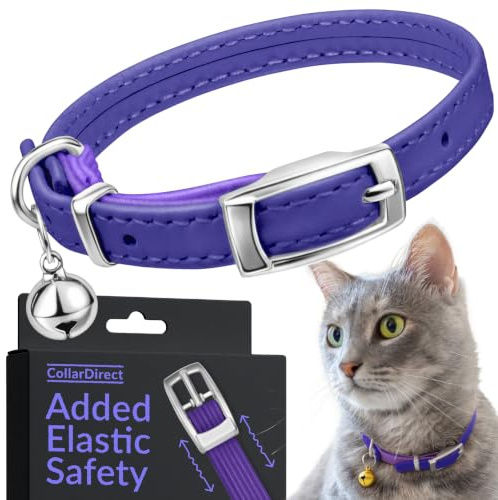 CollarDirect Leather Cat Collar with Removable Bell – Safety Kitten Collar with Elastic Strap (Purple, 15-18 cm)