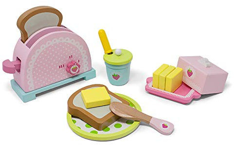 Luptons Pink Childrens Wooden Toy Toaster Breakfast Set | Traditional Kitchen Role Play Toys For 3 Year Old Girls | 14 Pcs Including Toast Jam Pot Butter Plate…