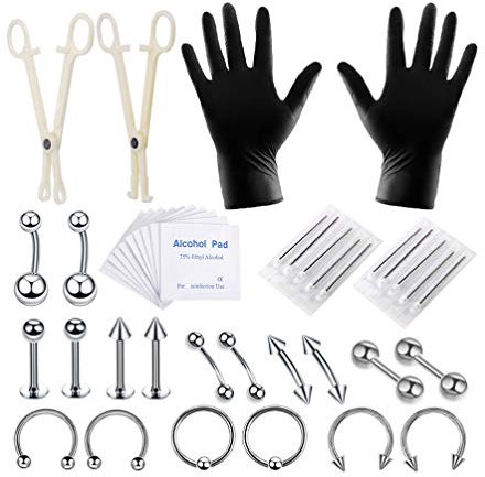 Healifty Piercing Kit Chirurgenstahl Bauch Zunge Tragus Nippel Lippe Nase Augenbraue Kinn Ring Körperschmuck Messgerät Piercing Nadeln Set 42 Stück (Stahl Farbe)
