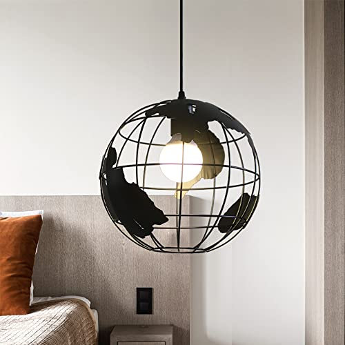 Mengjay Plafonnier Luminaire，Rétro Suspension au plafond Métal Luminaires 60W E27 1 Lumières Lustre à lampadaire Forme de la Terre Noir(Diamètre 20cm)