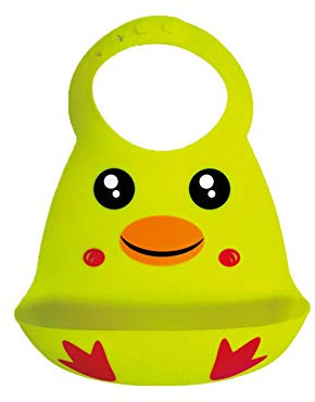 Waterproof Baby Silicone Bibs, Treer Soft Adjustable Roll up Feeding Bibs Drool Bibs Wipe Clean with Food Catcher Pocket for Infants Toddlers (30x23cm,Yellow Duckling)