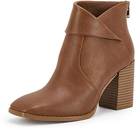 LAICIGO Women's Square Toe Ankle Boots High Chunky Stacked Heel Slip On Criss Cross Zipper Booties