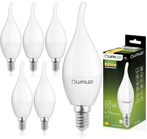 Lumiled BA35 E14 LED Lampe 5W (ersetzt 40W), 470 Lumen, Windstoß Milch Glas Leuchtmittel Windstoßkerze 3000K Warmweiß Birne Lampen,180° Grad Abstrahlwinkel Glühbirnen Kerzenbirnen, 6er-Pack