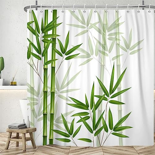 Uiiooazy Cortina de ducha de 180 x 200 cm, cortina de ducha antimoho bambú hojas verdes abstracta zen diseño bosque cortinas de ducha de tela lavable impermeable poliéster cortina de baño con 12