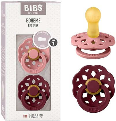 BIBS Boheme Soother 2-Pack. BPA Free Dummy Pacifier, Round Nipple. Natural Rubber Latex, Made in Denmark, Size 1 (0-6 Months), Dusty Pink/Elderberry