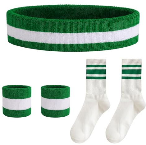 Lot de 3 bandeaux à rayures avec 1 paire de chaussettes, bandeau de sport, bandeau de fitness, bracelets en tissu éponge, bracelets de basket-ball