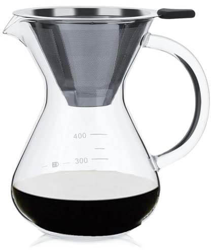 Gsycle Cafetera Pour Over, Jarra de Café de Vidrio de 400 Ml Cafetera de Goteo con Filtro de Acero Inoxidable Para Casa Viaje Oficina